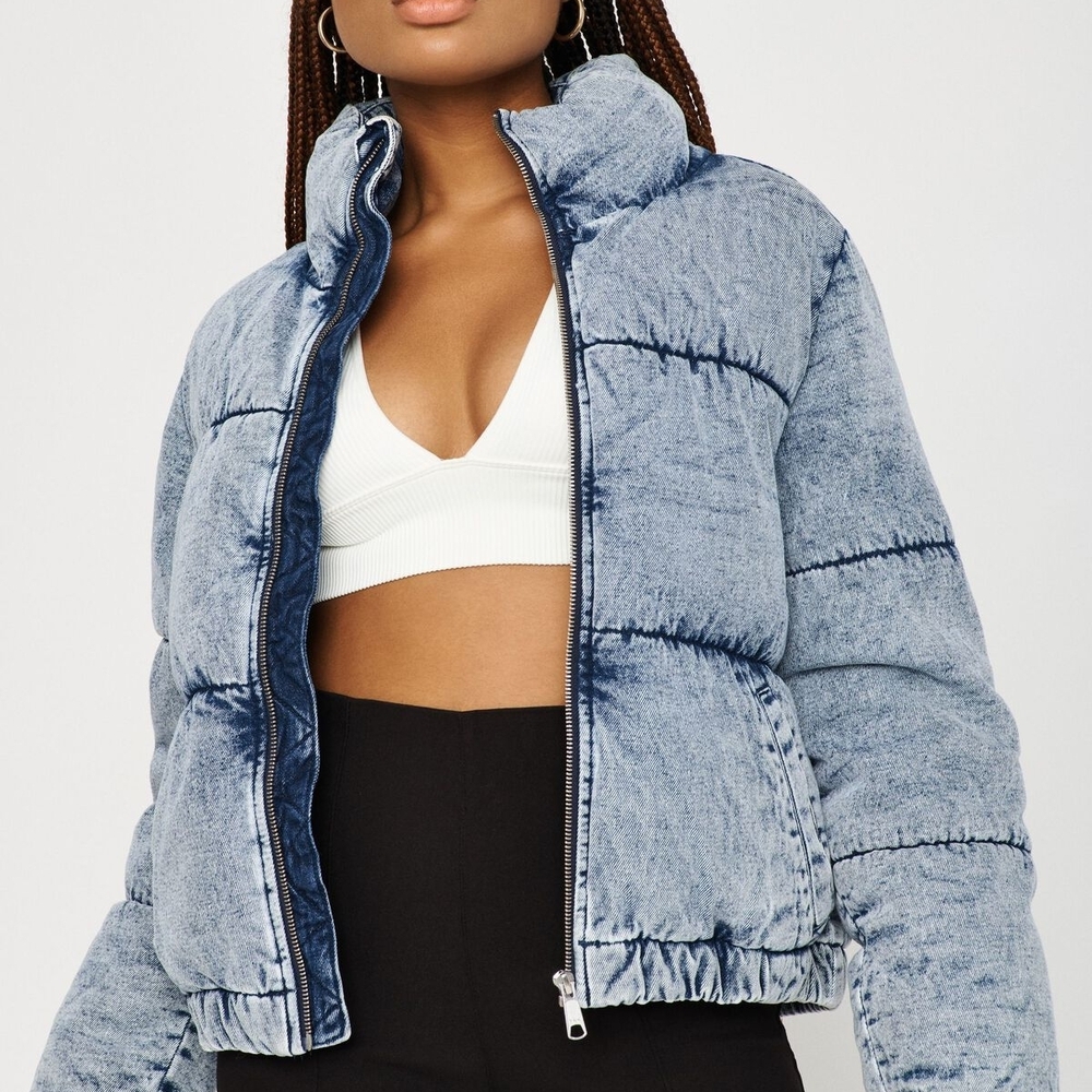 Women's Blue Denim Look Puffer Jacket